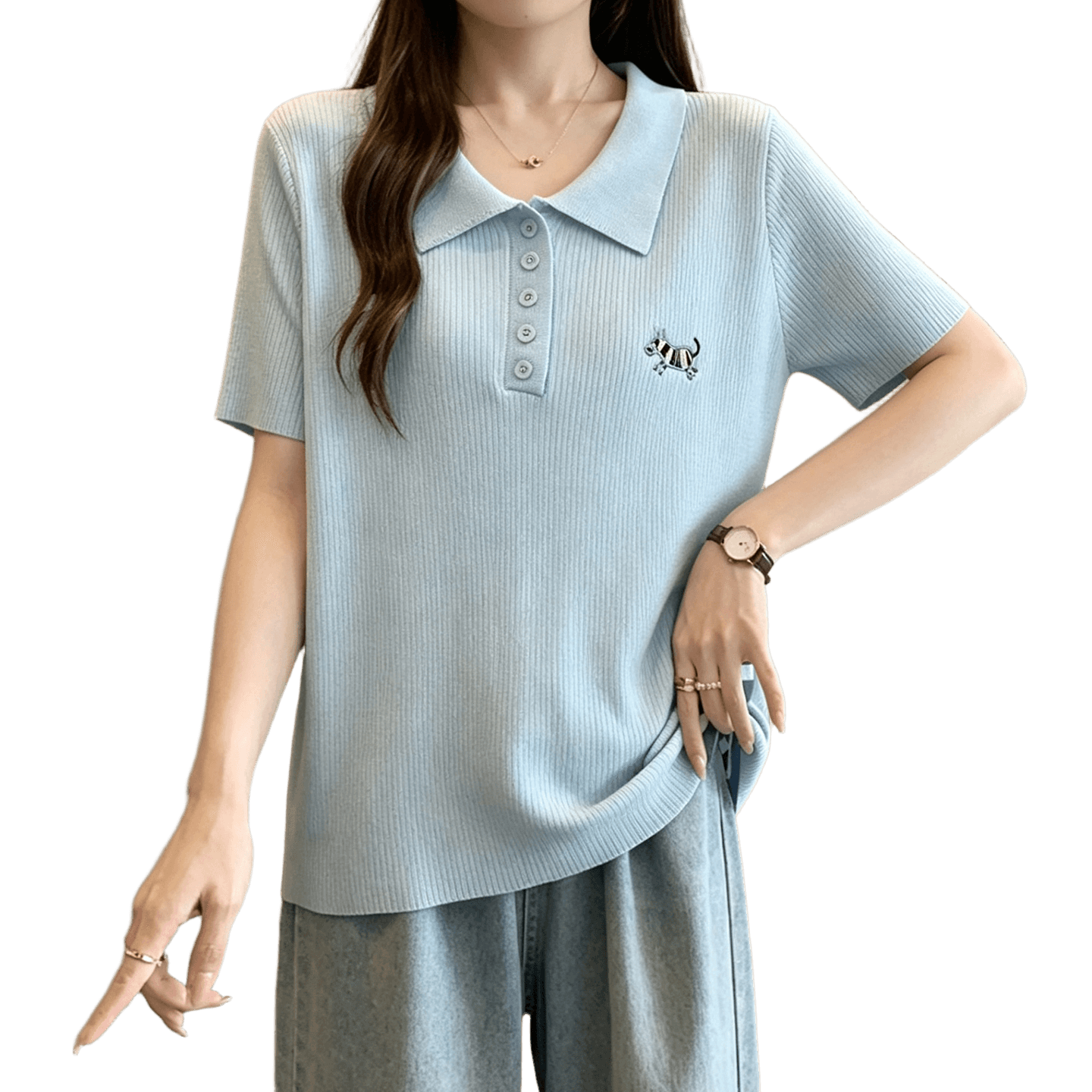 실사 빅 사이즈 여성 의류 2026 여름 새로운 슬림해 보이는 POLO 칼라 통통한 여동생 작은 말 자수 주간 실크 니트 반팔 이미지 5