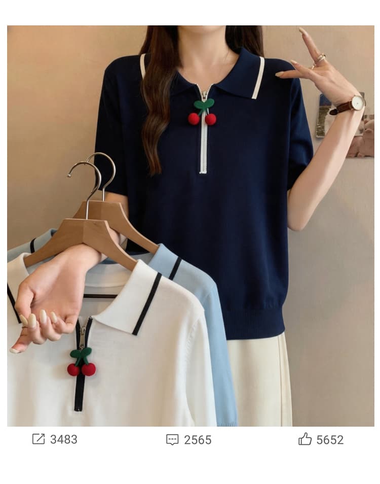 실사 빅 사이즈 여성 의류 2026 여름 새로운 미니멀리즘 슬림해 보이는 POLO 칼라 통통한 여동생 얼음 실크 니트 반팔 맨위 상세 이미지 7