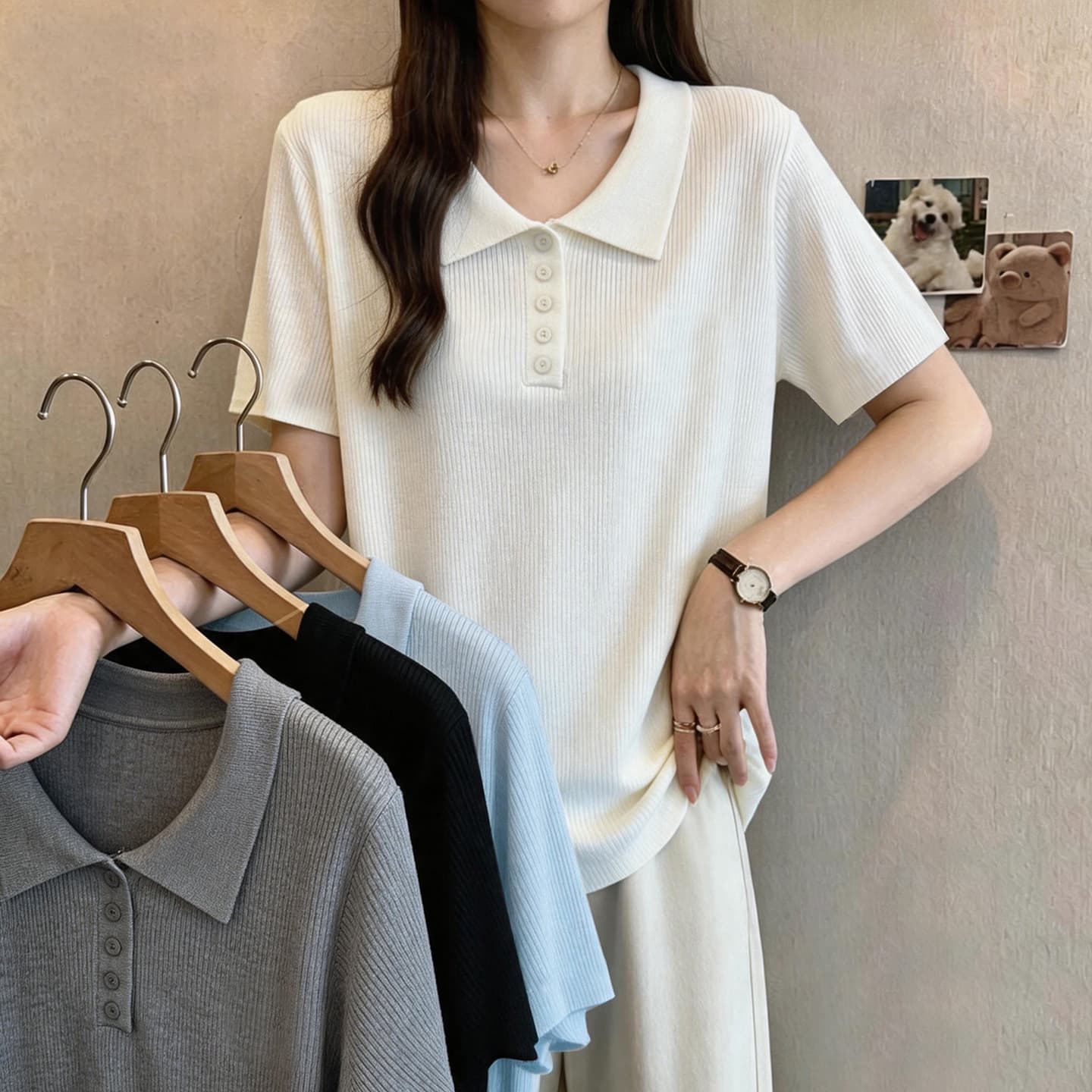 실사 빅 사이즈 여성 의류 2026 여름 새로운 루즈핏 슬림해 보이는 POLO 칼라 통통한 여동생 주간 실크 니트 반팔 맨위