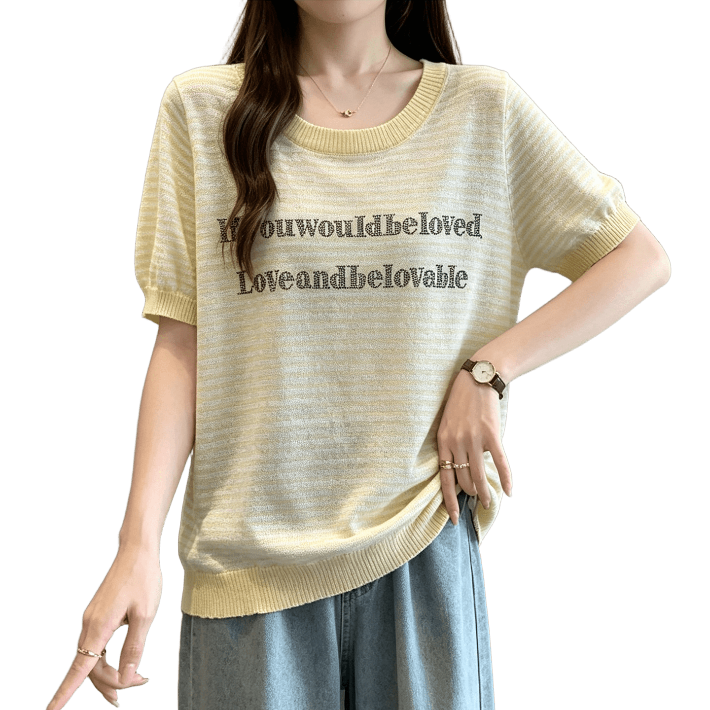 실사 빅 사이즈 여성 의류 2026 여름 새로운 미니멀리즘 루즈핏 통통한 여동생 대나무 마디 마 핫픽스 니트 반팔 맨위 이미지 5