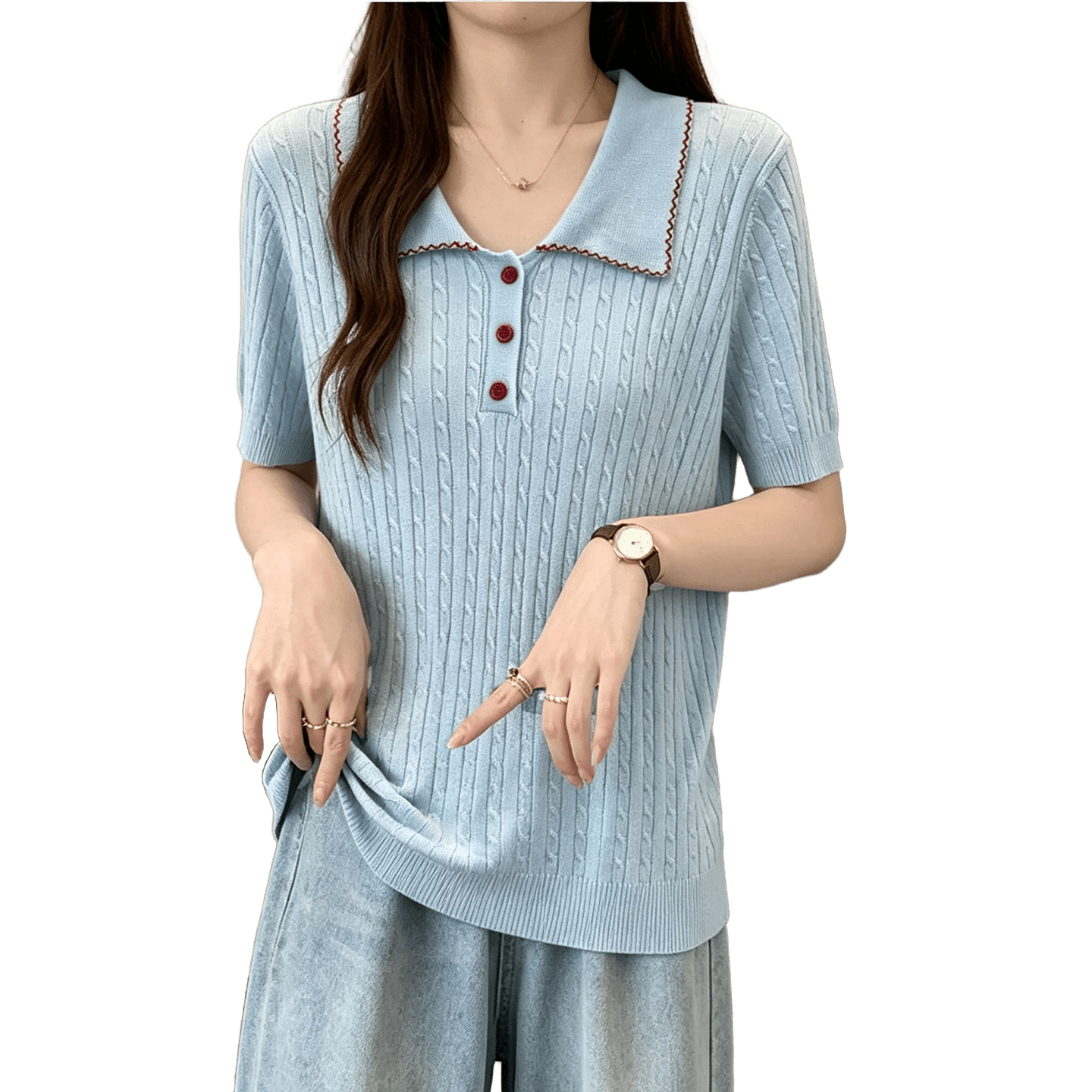 실사 빅 사이즈 여성 의류 2026 여름 새로운 루즈핏 슬림해 보이는 POLO 칼라 지방 mm 얼음 차가운 실크 니트 반팔 맨위 이미지 5