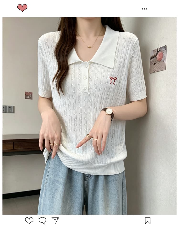 실사 빅 사이즈 여성 의류 2026 여름 미니멀리즘 루즈핏 슬림해 보이는 POLO 칼라 통통한 여동생 자수 니트 반팔 맨위 상세 이미지 1