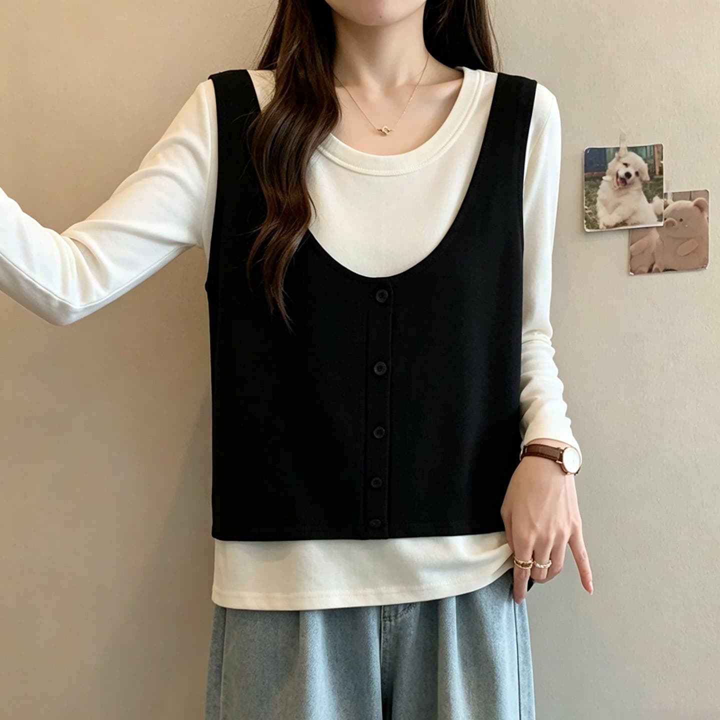 실사 가을 새로운 2026 마이크로 지방 빅 사이즈 루즈핏 페이크 레이어드 6 양모 니트 스웨터 여성 슬림해 보이는 인사이드 가져 가라. 스웨터