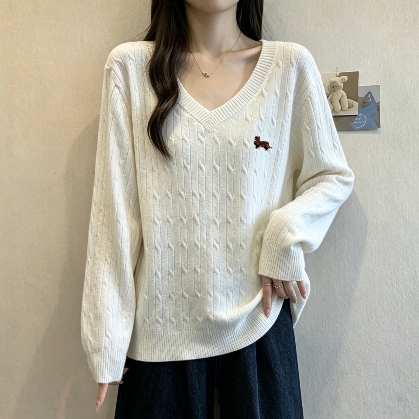 실사 가을 겨울 새로운 마이크로 지방 빅 사이즈 루즈핏 꽈배기 V넥 니트 스웨터 맨위 슬림해 보이는 두꺼운 스웨터 기본 셔츠 이미지 3