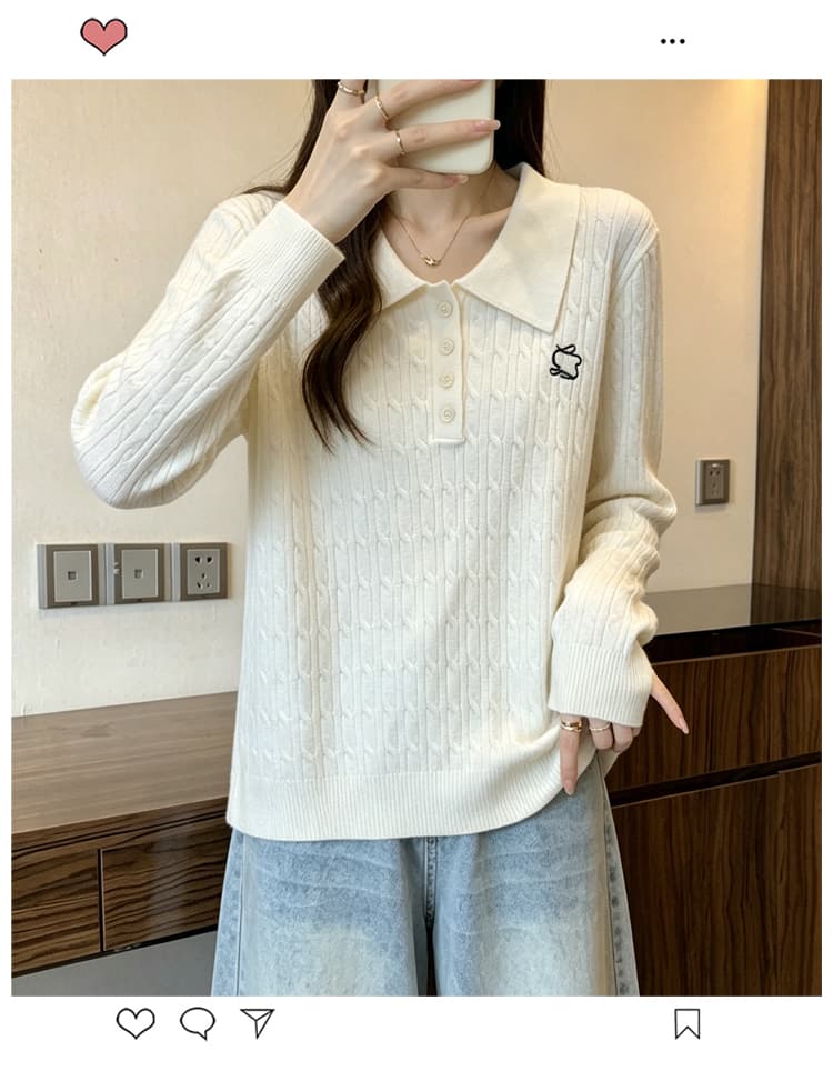 실사 가을 새로운 마이크로 지방 빅 사이즈 폴로 칼라 자수 꽈배기 니트 스웨터 맨위 슬림해 보이는 루즈핏 스웨터 기본 셔츠 상세 이미지 1