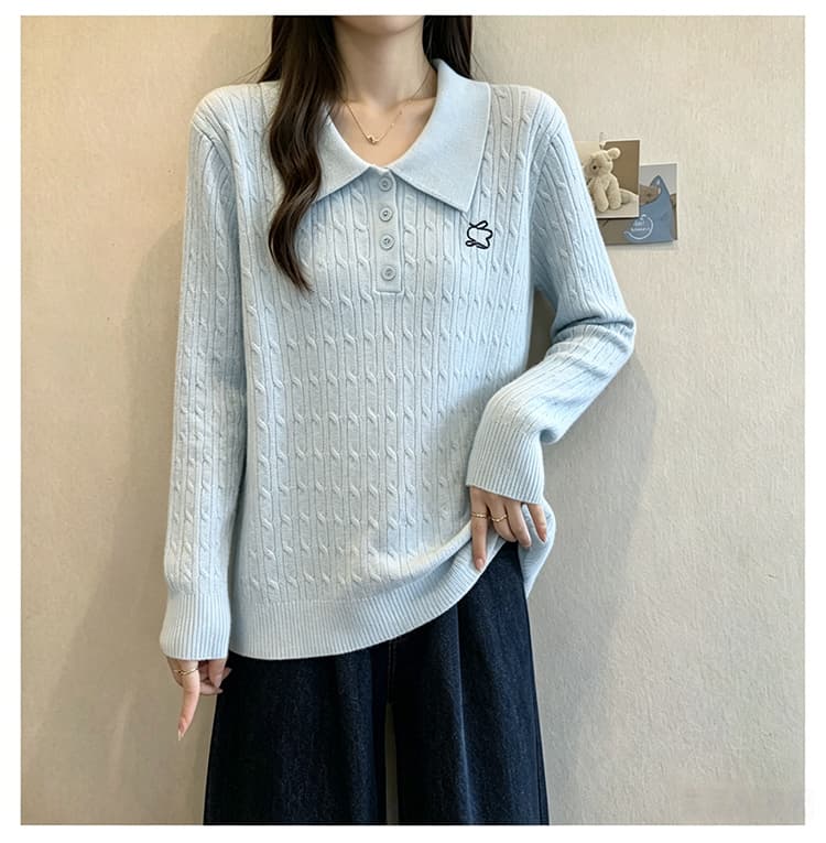 실사 가을 새로운 마이크로 지방 빅 사이즈 폴로 칼라 자수 꽈배기 니트 스웨터 맨위 슬림해 보이는 루즈핏 스웨터 기본 셔츠 상세 이미지 15
