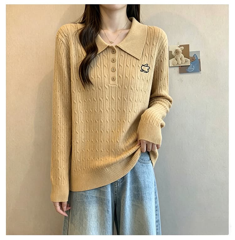 실사 가을 새로운 마이크로 지방 빅 사이즈 폴로 칼라 자수 꽈배기 니트 스웨터 맨위 슬림해 보이는 루즈핏 스웨터 기본 셔츠 상세 이미지 20