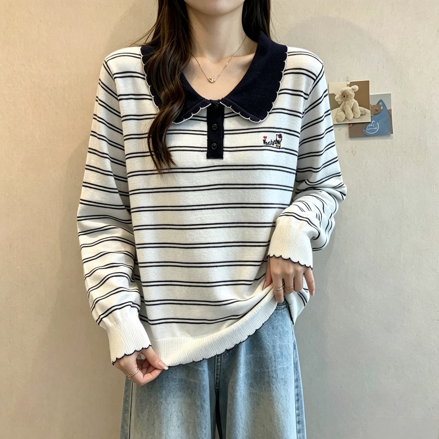 실사 가을 새로운 빅 사이즈 배색 스트라이프 POLO 칼라 니트 스웨터 여성 셔츠 슬림해 보이는 다용도 스웨터 기본 셔츠 이미지 4