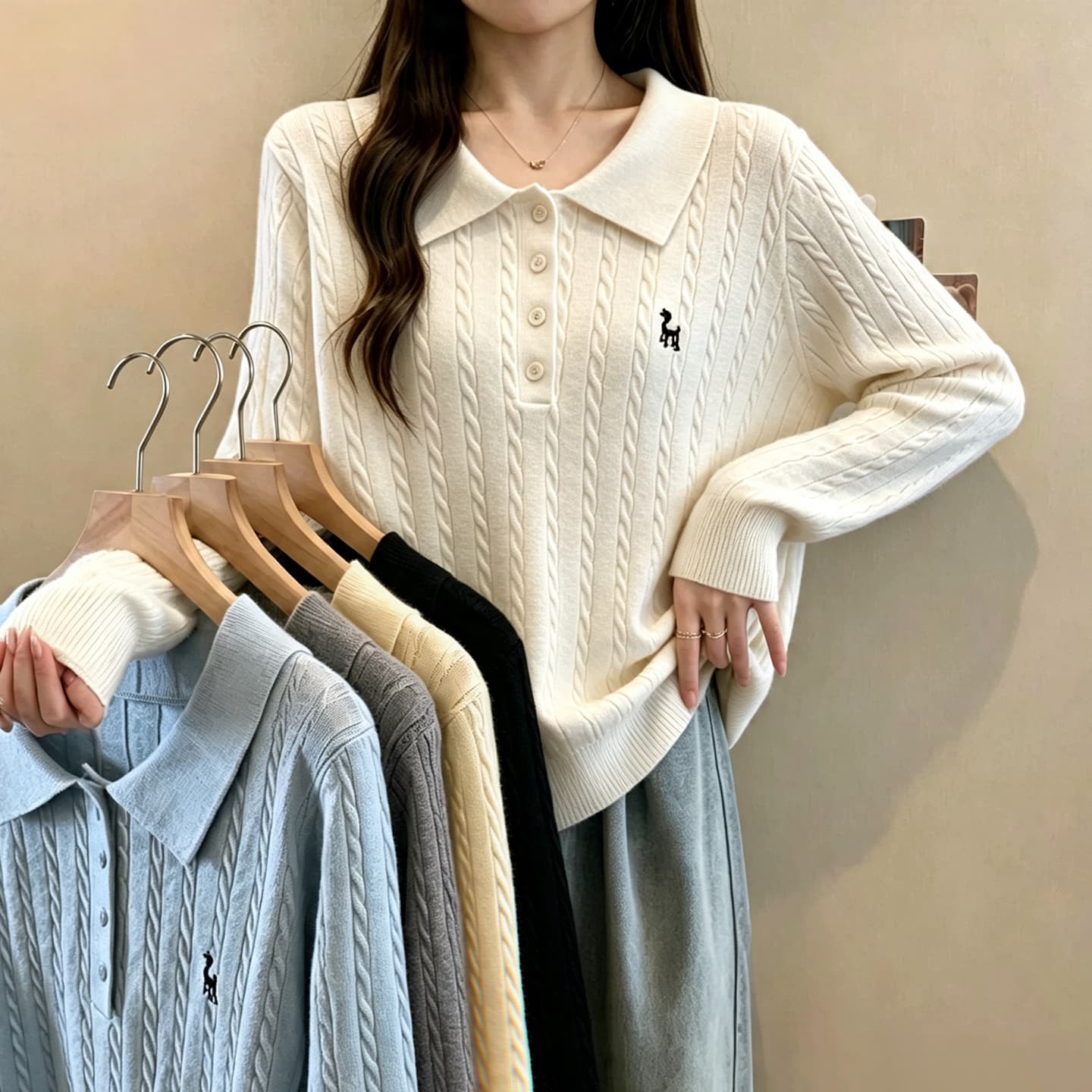 빅 사이즈 여성 의류 2026 가을 새로운 작은 곰 자수 POLO 칼라 니트 스웨터 지방 mm 슬림해 보이는 다용도 예쁜 스웨터