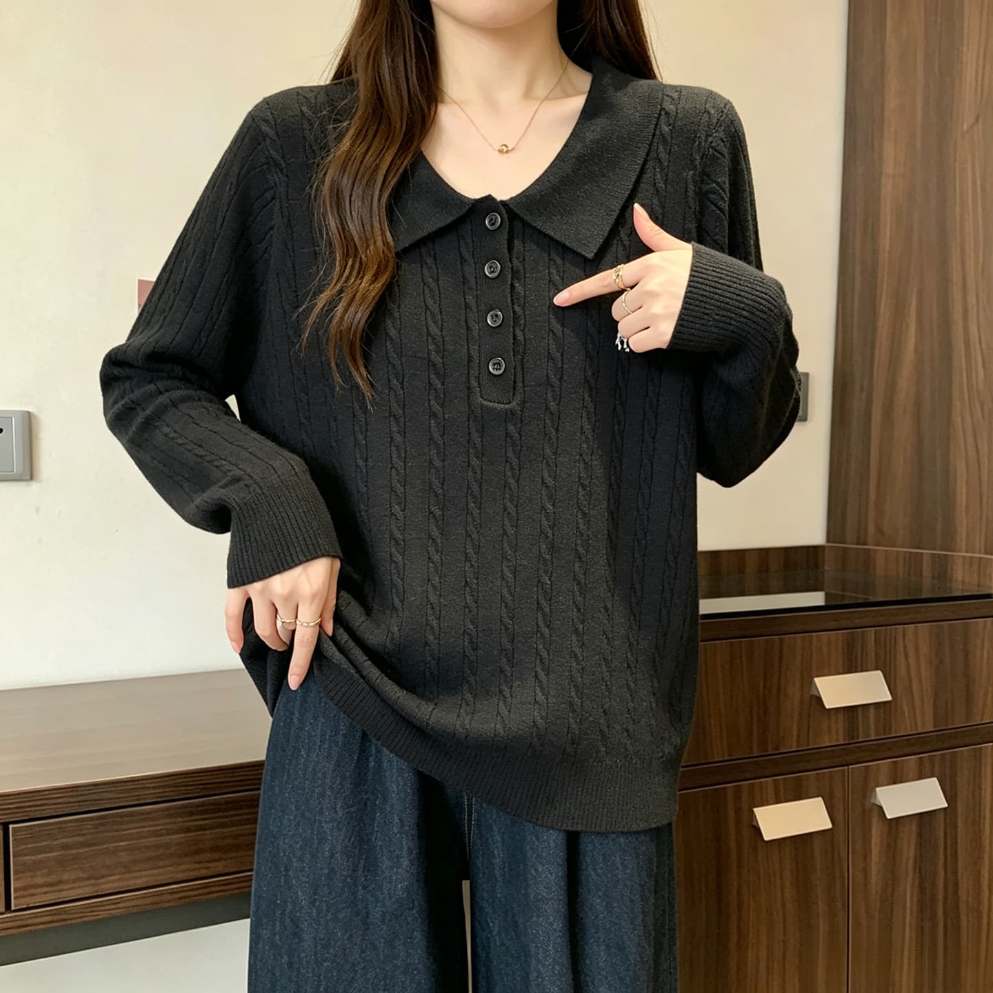 빅 사이즈 여성 의류 2026 가을 새로운 작은 곰 자수 POLO 칼라 니트 스웨터 지방 mm 슬림해 보이는 다용도 예쁜 스웨터 이미지 5