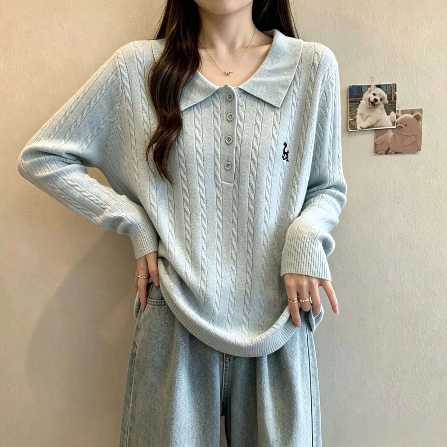 빅 사이즈 여성 의류 2026 가을 새로운 작은 곰 자수 POLO 칼라 니트 스웨터 지방 mm 슬림해 보이는 다용도 예쁜 스웨터 이미지 2