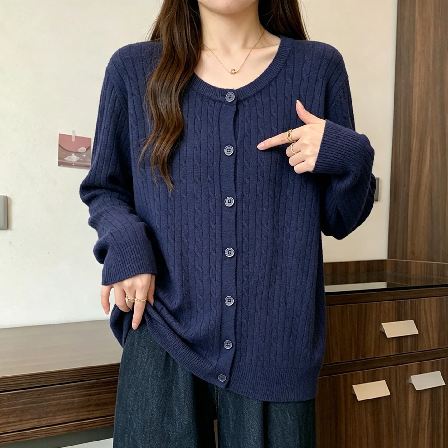 실사 빅 사이즈 여성 의류 2026 가을 의상 새로운 루즈핏 니트 오픈 가디건 맨위 지방 mm 슬림해 보이는 다용도 스웨터 코트 이미지 5