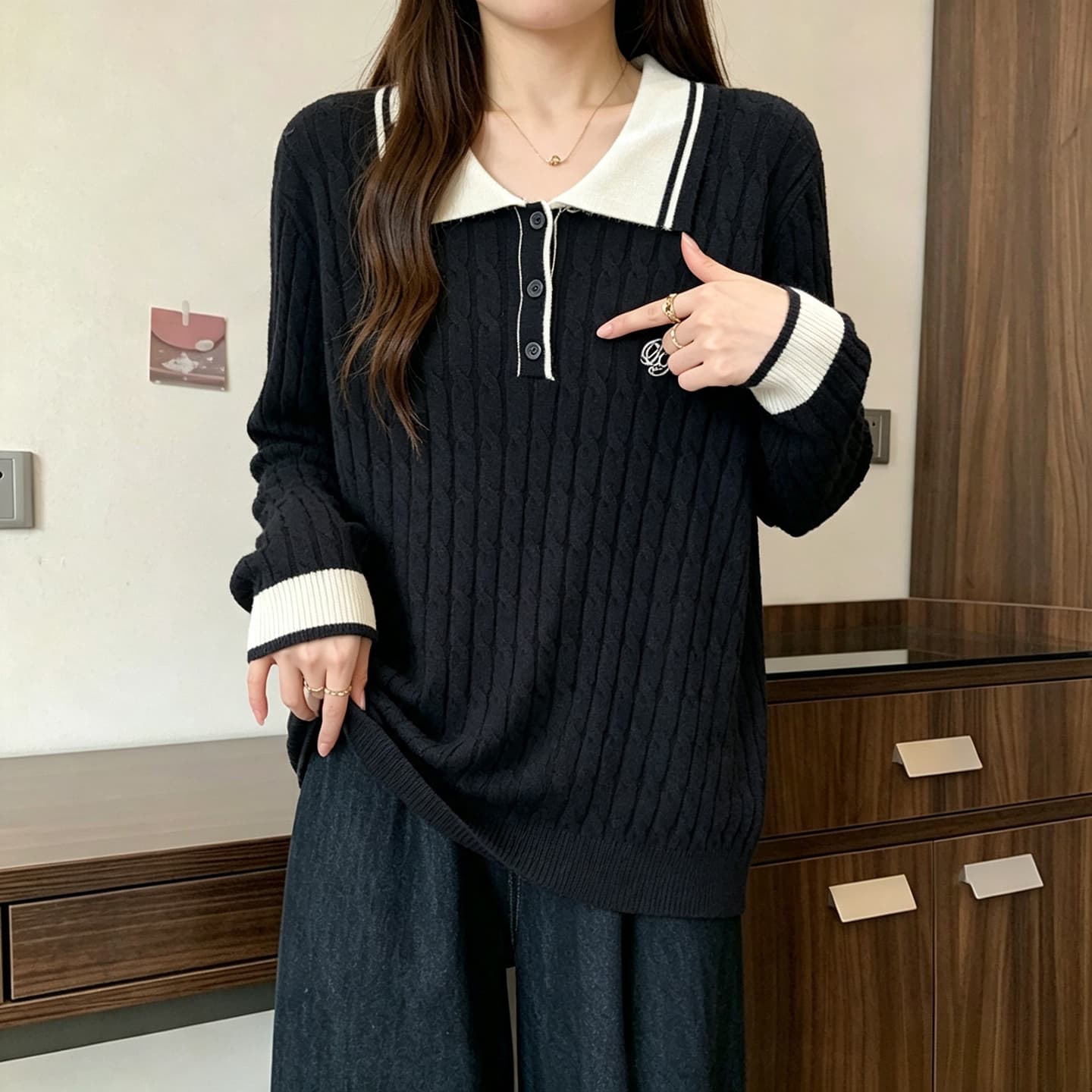 실사 빅 사이즈 여성 2026 가을 의상 새로운 POLO 칼라 니트 스웨터 맨위 지방 mm 루즈핏 다용도 스웨터 기본 셔츠 이미지 5