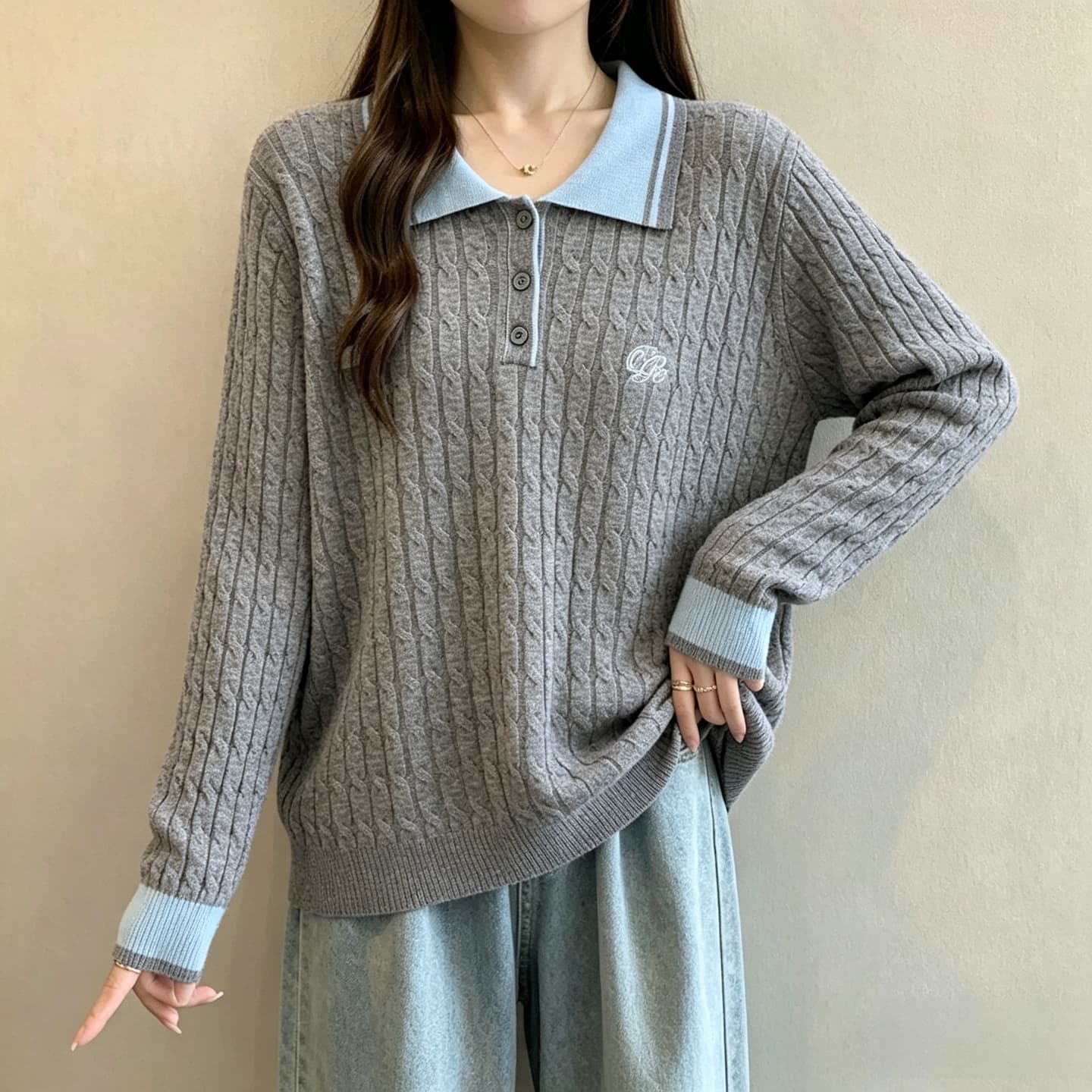 실사 빅 사이즈 여성 2026 가을 의상 새로운 POLO 칼라 니트 스웨터 맨위 지방 mm 루즈핏 다용도 스웨터 기본 셔츠 이미지 4