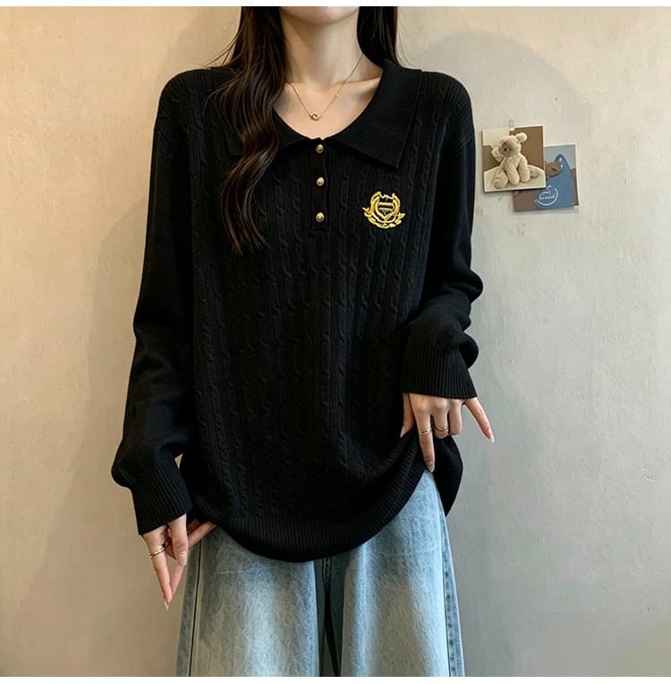 2026 가을 새로운 빅 사이즈 여성 의류 루즈핏 슬림해 보이는 다용도 POLO 칼라 자수 통통한 여동생 니트 기본 셔츠 여성 상세 이미지 26