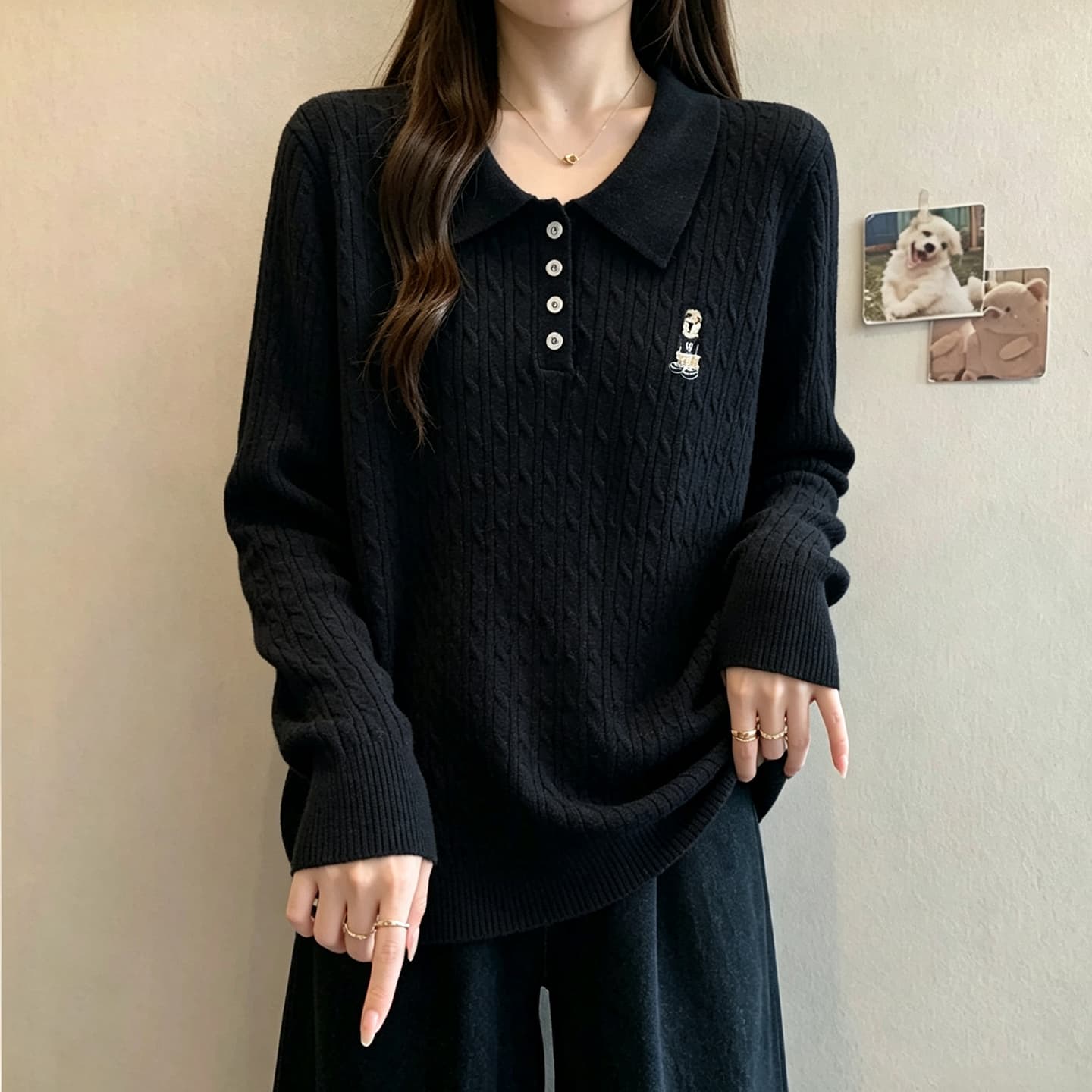 빅 사이즈 여성 의류 2026 가을 의상 새로운 다용도 미니멀리즘 슬림해 보이는 POLO 칼라 지방 mm 자수 니트 오픈 가디건 맨위 여성 이미지 2