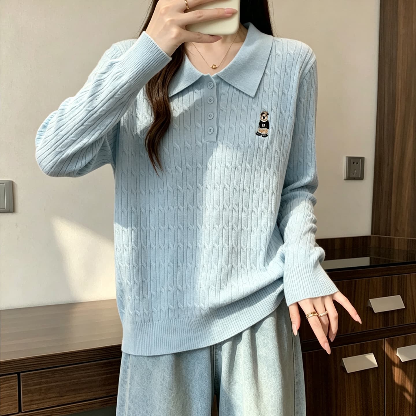 빅 사이즈 여성 의류 2026 가을 의상 새로운 다용도 미니멀리즘 슬림해 보이는 POLO 칼라 지방 mm 자수 니트 오픈 가디건 맨위 여성 이미지 3
