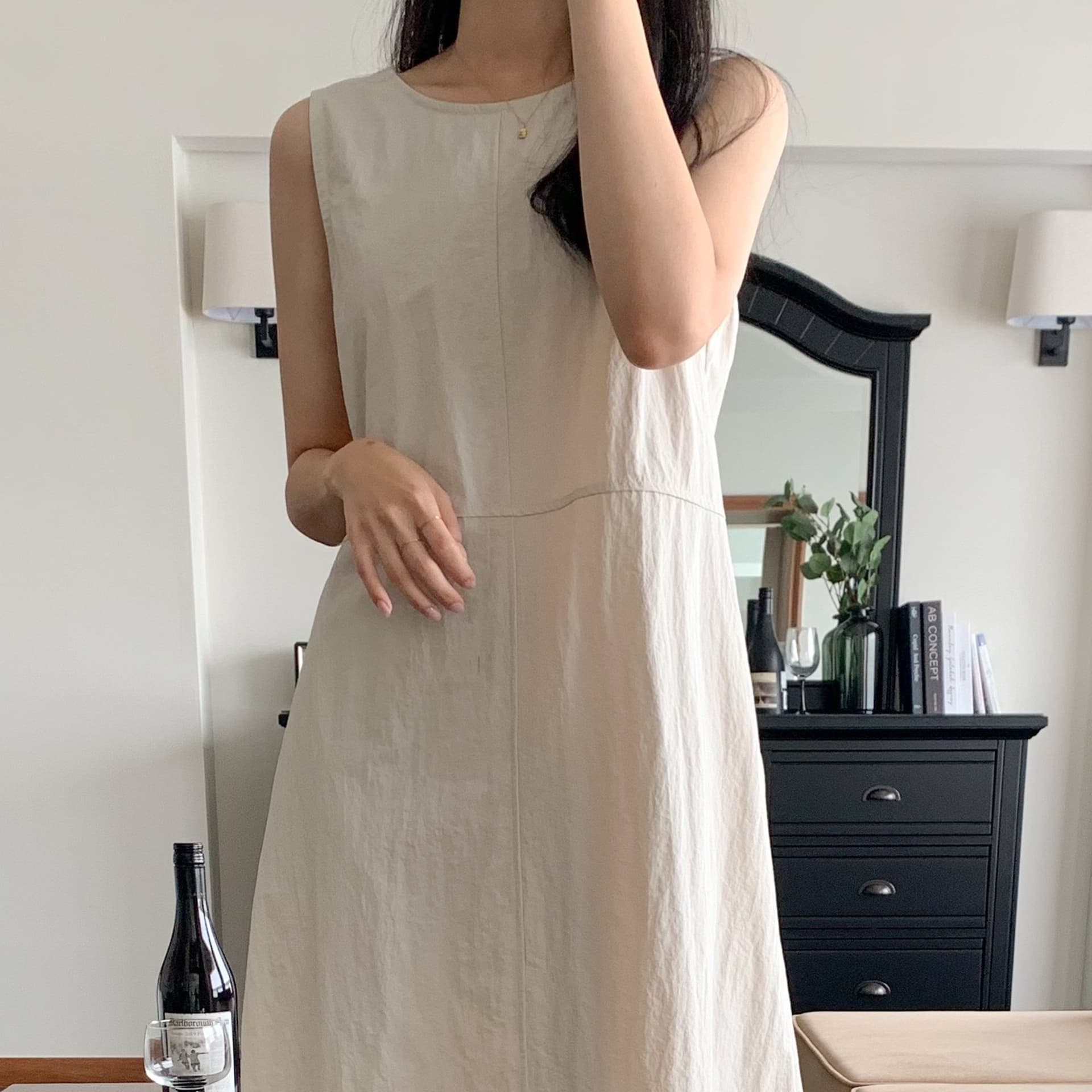 한국 chic 레트로 라운드 넥 명시적 스티치 백리스 디자인 루즈핏 롱 코트 조끼 면 린넨 여성 드레스 이미지 5