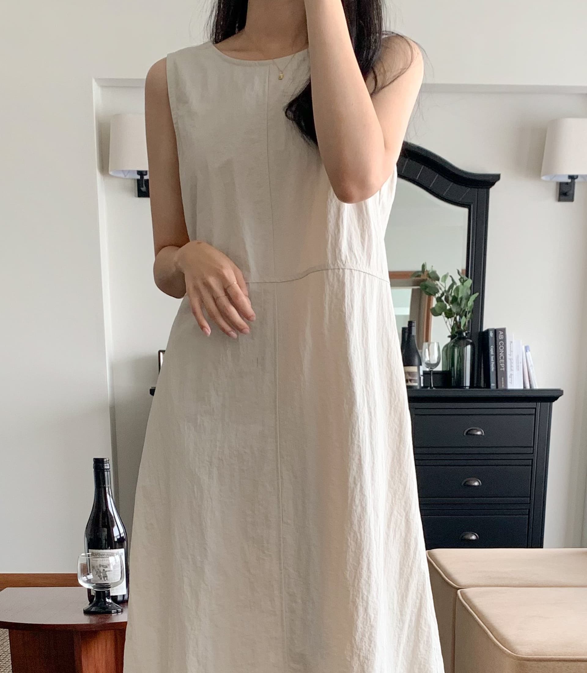 한국 chic 레트로 라운드 넥 명시적 스티치 백리스 디자인 루즈핏 롱 코트 조끼 면 린넨 여성 드레스 상세 이미지 11