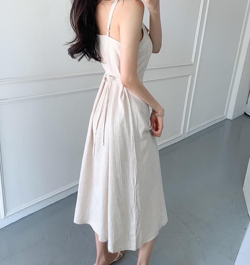 느긋한 휴가 바람 미니멀리즘 품격 레이스업 허리 수축 몸매 가꾸기 슬림해 보이는 면 린넨 슬립 드레스 삼색 이미지 3