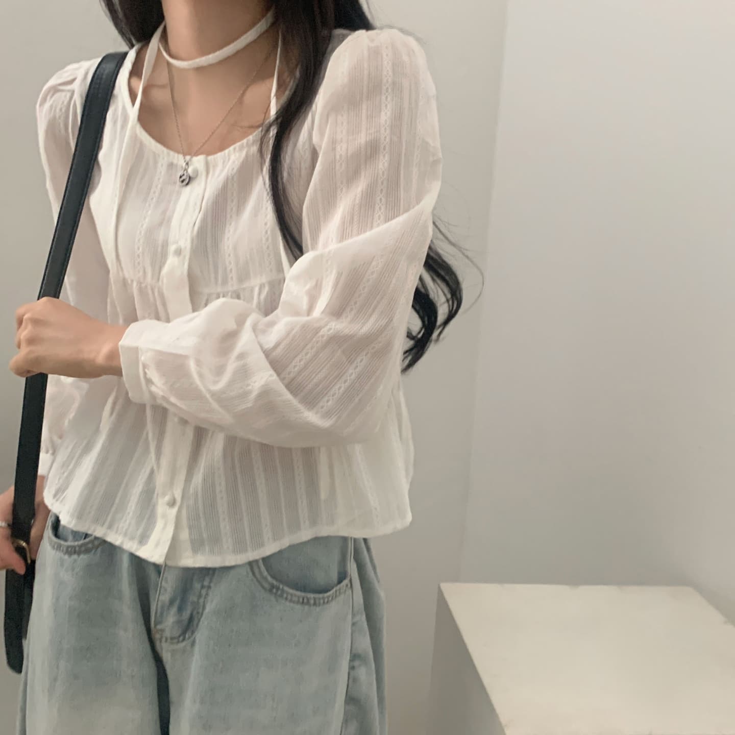 한국 chic 이른 가을 리본 싱글 줄 버튼 긴팔 여성 셔츠 이미지 3
