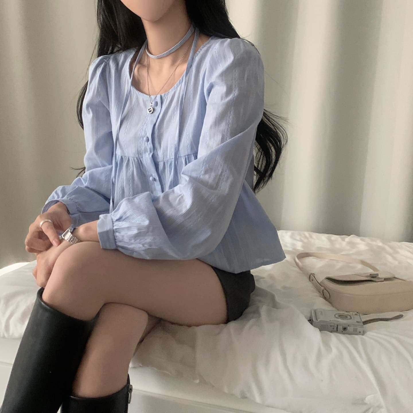 한국 chic 이른 가을 리본 싱글 줄 버튼 긴팔 여성 셔츠 상세 이미지 16