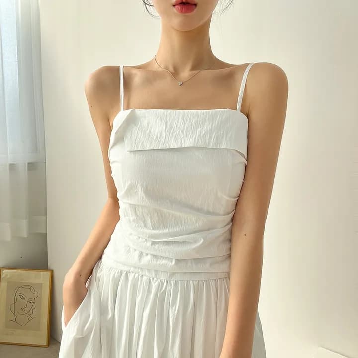 한국 여름 프랑스식 품격 트임 광장 칼라 주름 장식 허리 수축 작은 대중 조끼 슬립 드레스 한 마디 드레스 이미지 3