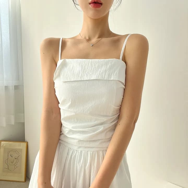 한국 여름 프랑스식 품격 트임 광장 칼라 주름 장식 허리 수축 작은 대중 조끼 슬립 드레스 한 마디 드레스 상세 이미지 33