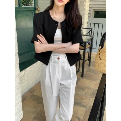 프랑스식 작은 샤넬 스타일 체크무늬 반팔 작은 외투 여성 슬림해 보이는 품격 다용도 오픈 가디건 이미지 2