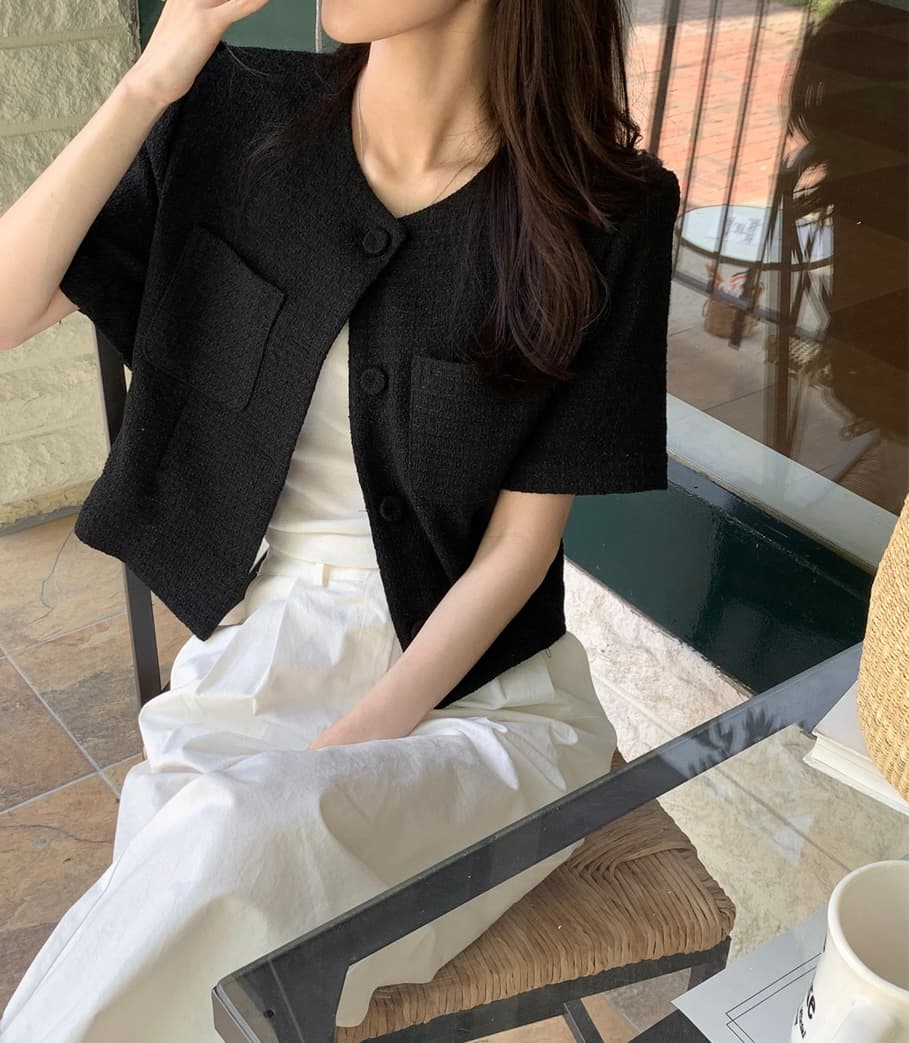 프랑스식 작은 샤넬 스타일 체크무늬 반팔 작은 외투 여성 슬림해 보이는 품격 다용도 오픈 가디건 이미지 3