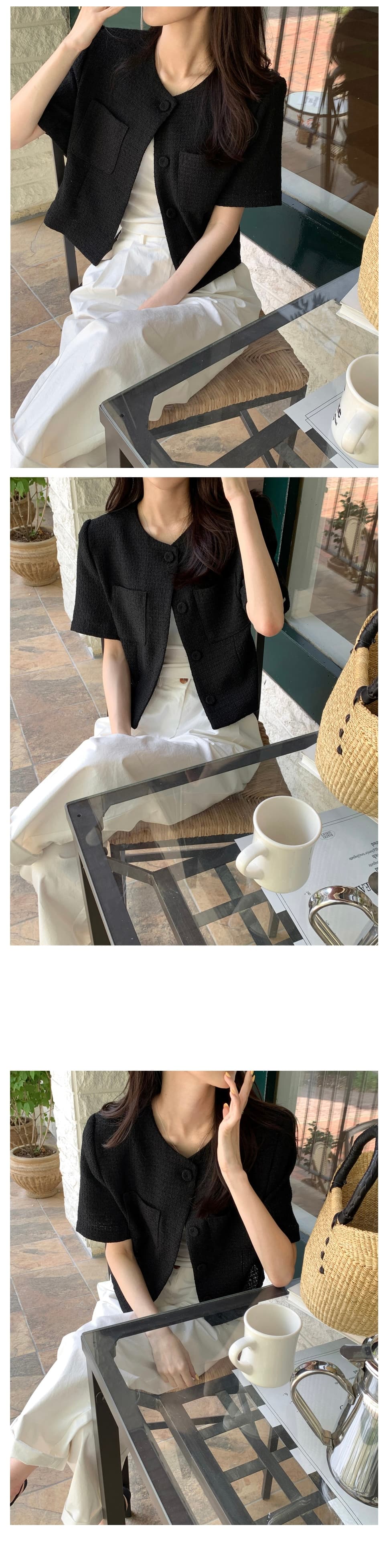 프랑스식 작은 샤넬 스타일 체크무늬 반팔 작은 외투 여성 슬림해 보이는 품격 다용도 오픈 가디건 상세 이미지 3