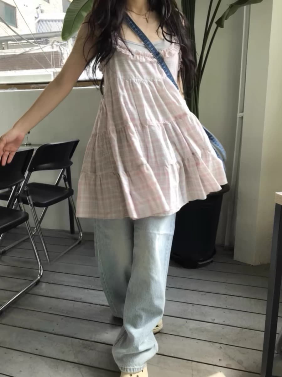 한국 스타일 레트로 달콤함 소녀 귀여운 퍼프 체크무늬 레이스 슬립 케이크 드레스 이미지 2