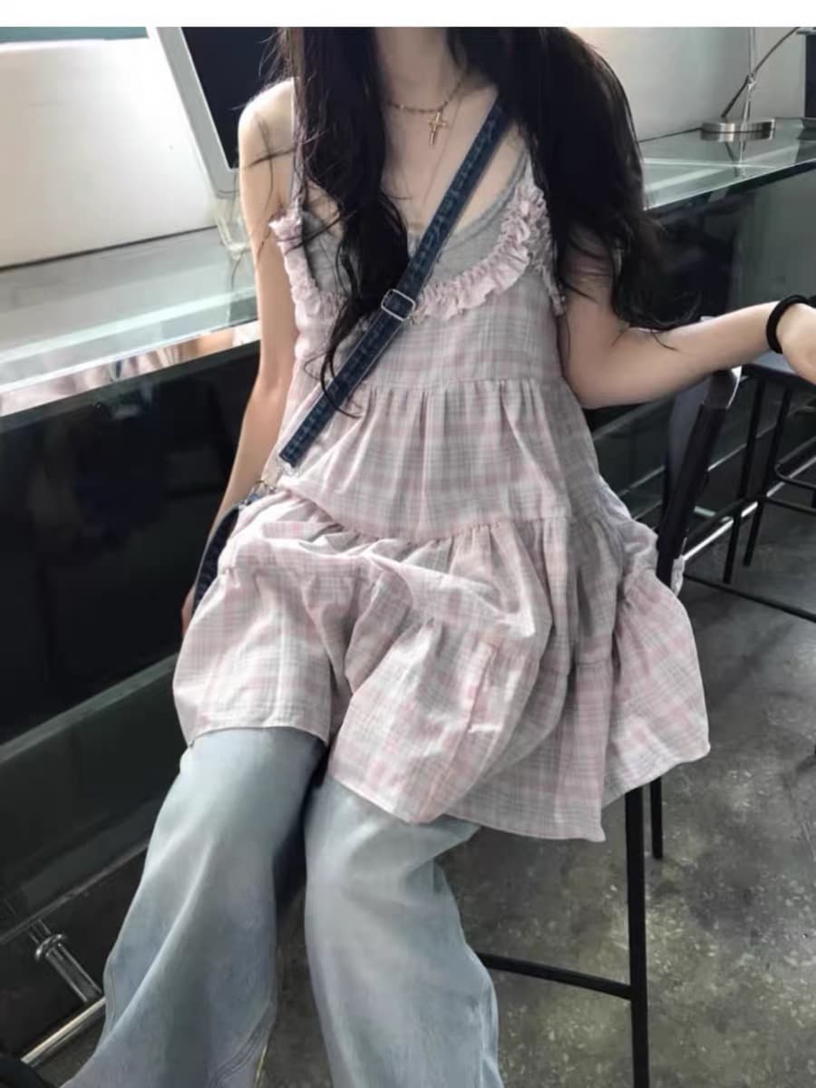 한국 스타일 레트로 달콤함 소녀 귀여운 퍼프 체크무늬 레이스 슬립 케이크 드레스 상세 이미지 4