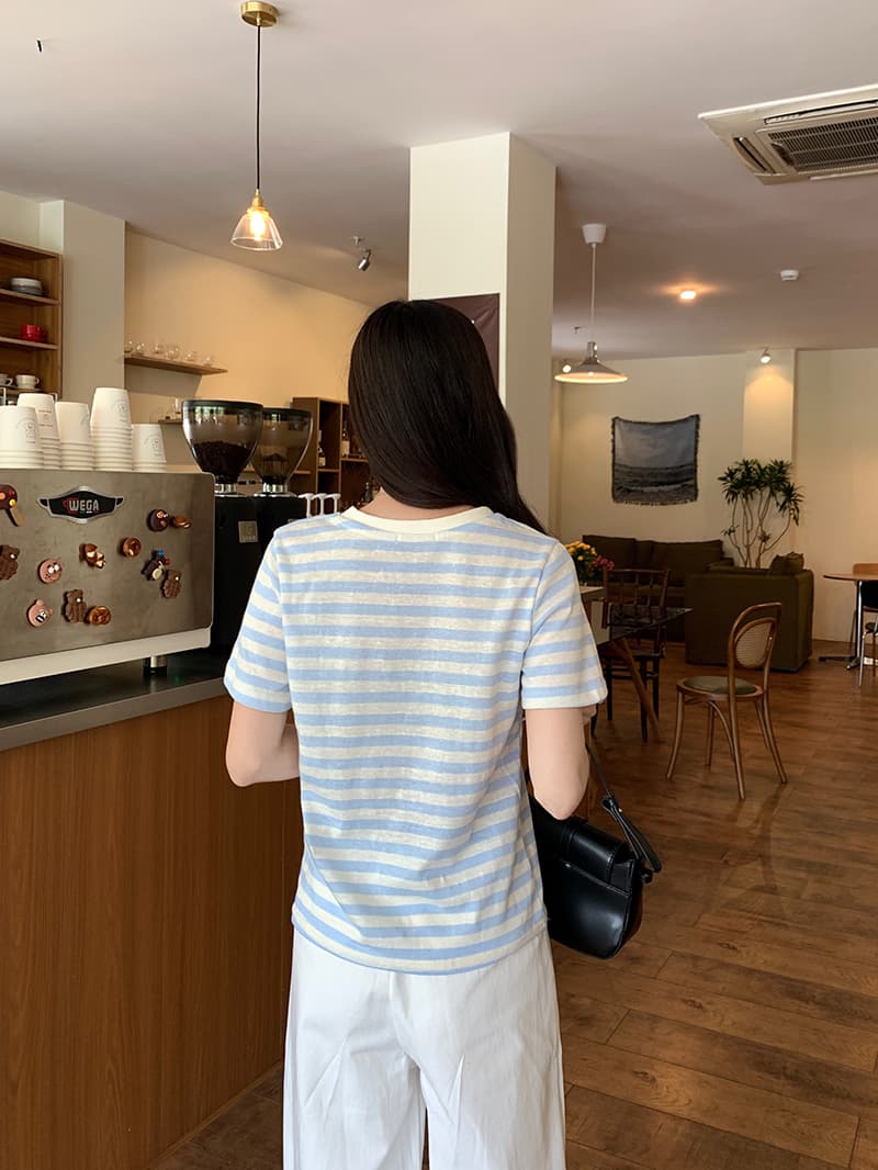 컬러 짜임 기사 반팔 티셔츠 여름 트렌디 스트라이프 가시 자수 몸매 가꾸기 쇼트 스타일 라운드 넥 맨위 한국 스타일 여성 의류 상세 이미지 10