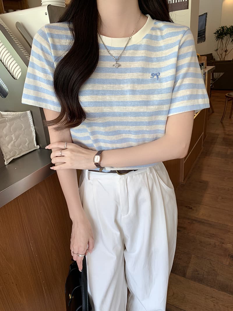 컬러 짜임 기사 반팔 티셔츠 여름 트렌디 스트라이프 가시 자수 몸매 가꾸기 쇼트 스타일 라운드 넥 맨위 한국 스타일 여성 의류 상세 이미지 13