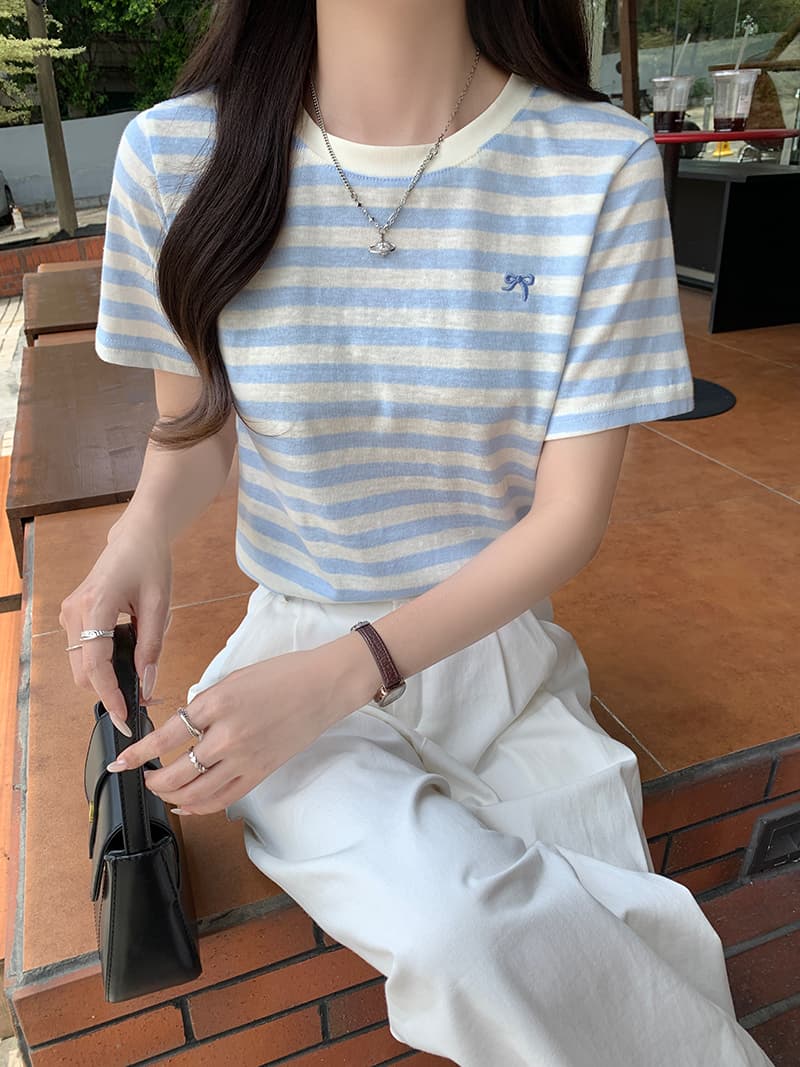 컬러 짜임 기사 반팔 티셔츠 여름 트렌디 스트라이프 가시 자수 몸매 가꾸기 쇼트 스타일 라운드 넥 맨위 한국 스타일 여성 의류 상세 이미지 16