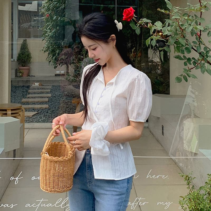 여름 새로운 단추 나비 매듭 셔츠
