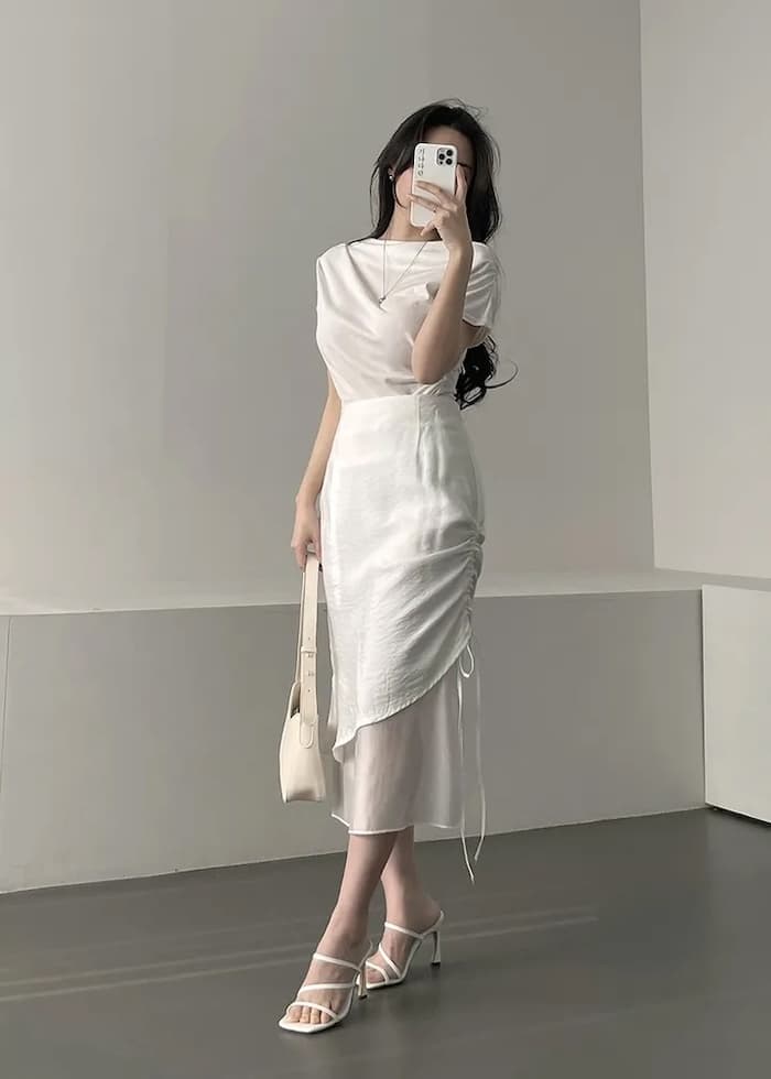 여름 새로운 쉬폰 레이스업 하이웨이스트 주름 롱 스커트 상세 이미지 2