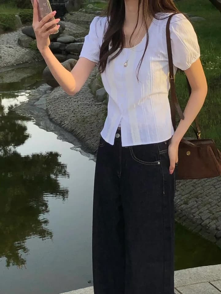 여름 새로운 반팔 나비 매듭 사각형 칼라 레이스 셔츠 상세 이미지 3