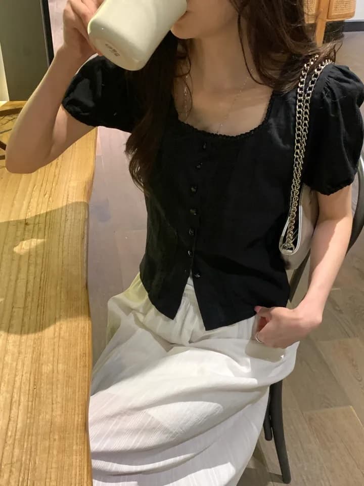여름 새로운 반팔 나비 매듭 사각형 칼라 레이스 셔츠 상세 이미지 20