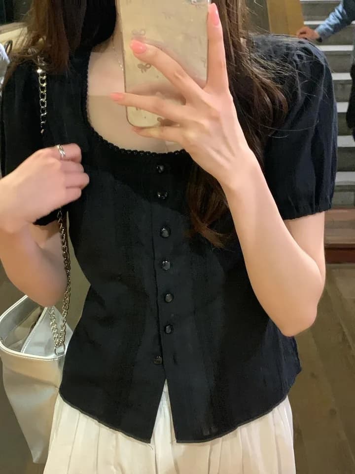 여름 새로운 반팔 나비 매듭 사각형 칼라 레이스 셔츠 상세 이미지 26