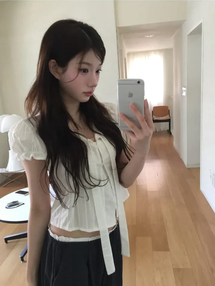 여름 제인 레이스업 나비 매듭 반팔 셔츠 상세 이미지 6