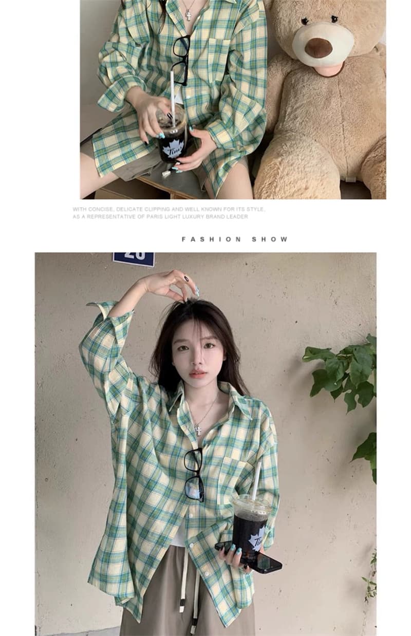 레트로 녹색 체크무늬 여성 셔츠 봄 새로운 다용도 루즈핏 하라주쿠 학원 스타일 긴팔 맨위 상세 이미지 3