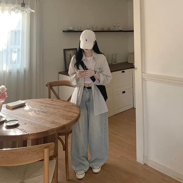 스트라이프 셔츠 느긋한 루즈핏 캐주얼 재킷 수직 기사 셔츠 상세 이미지 9