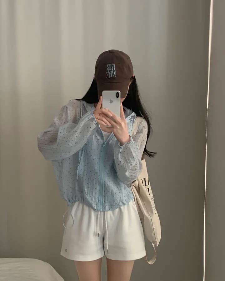 chic 한국 스타일 도트 무늬 후드 태양 보호 셔츠 여성 상세 이미지 1