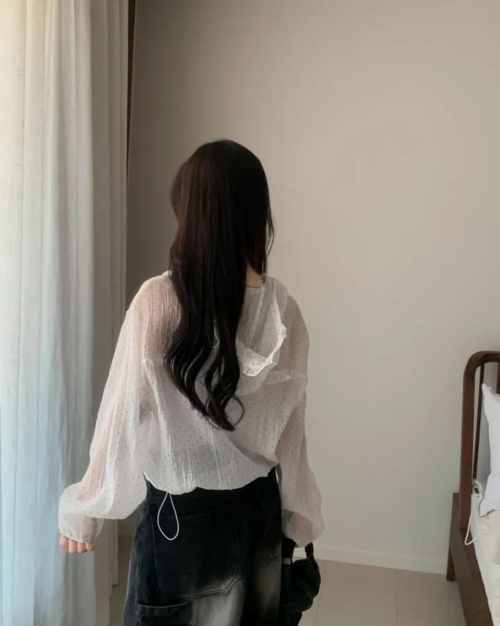 chic 한국 스타일 도트 무늬 후드 태양 보호 셔츠 여성 상세 이미지 8