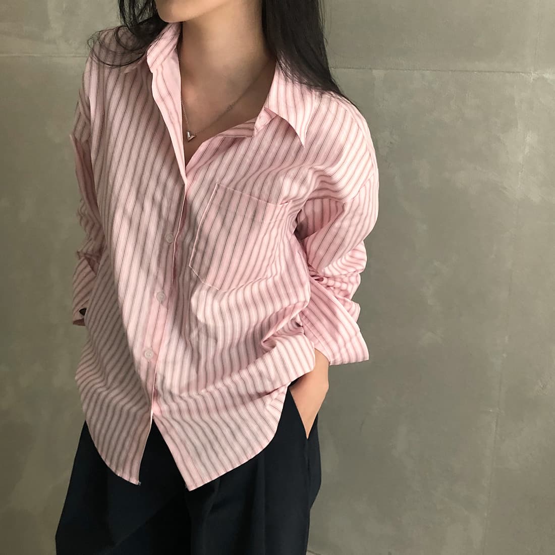 한국 스타일 chic 이른 가을 품격 스트라이프 셔츠 상세 이미지 14