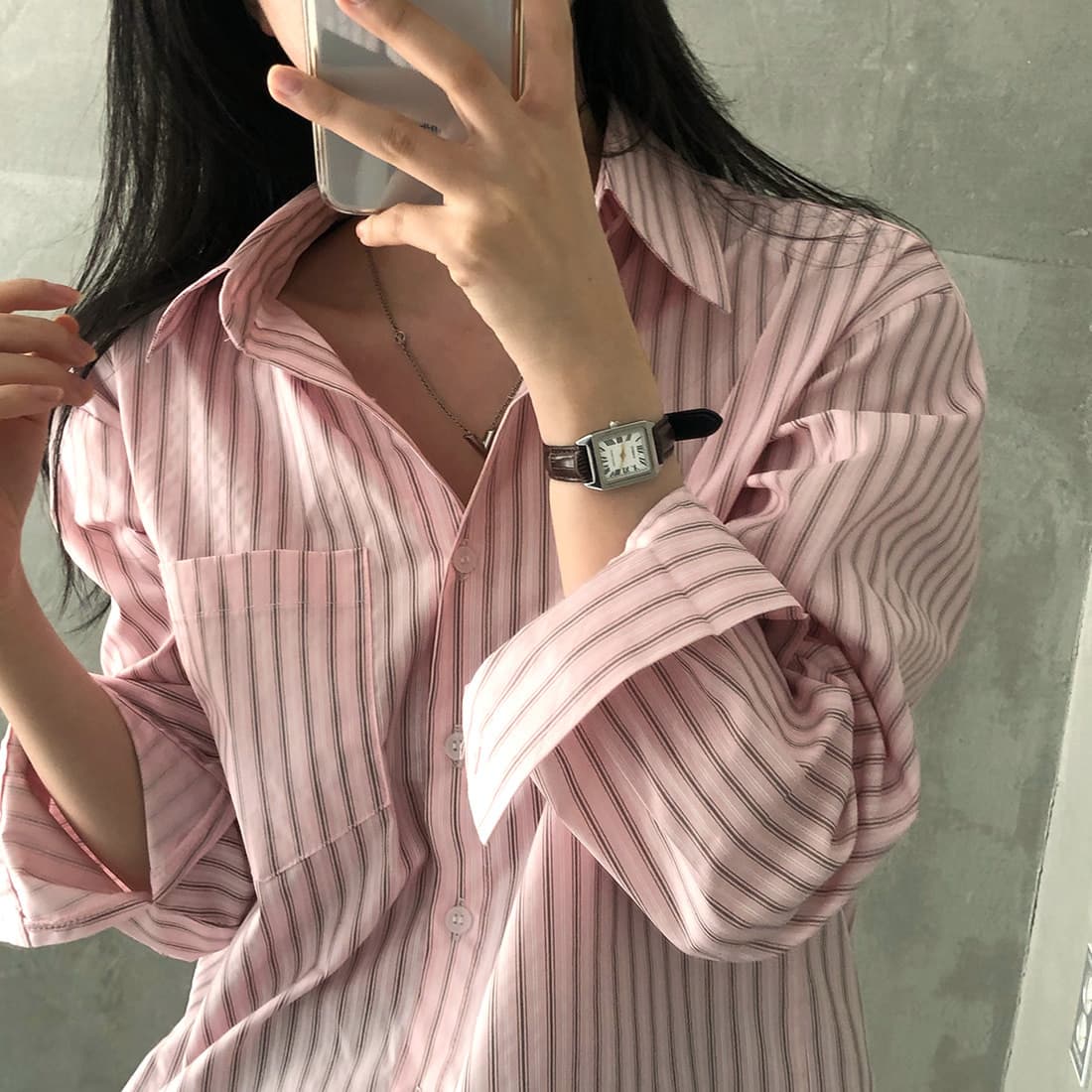 한국 스타일 chic 이른 가을 품격 스트라이프 셔츠 상세 이미지 24