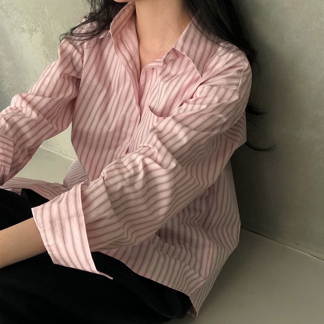 한국 스타일 chic 이른 가을 품격 스트라이프 셔츠 상세 이미지 25