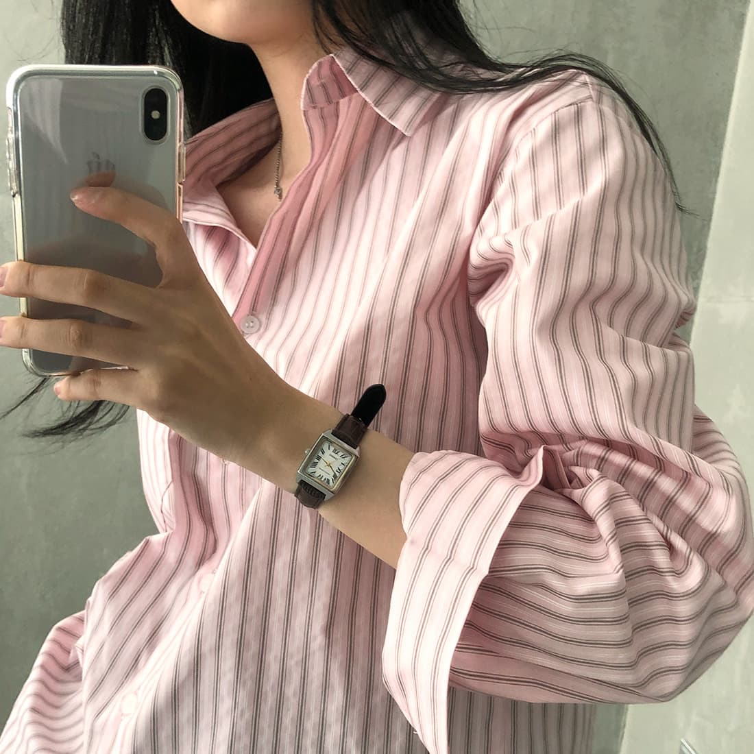 한국 스타일 chic 이른 가을 품격 스트라이프 셔츠 상세 이미지 29